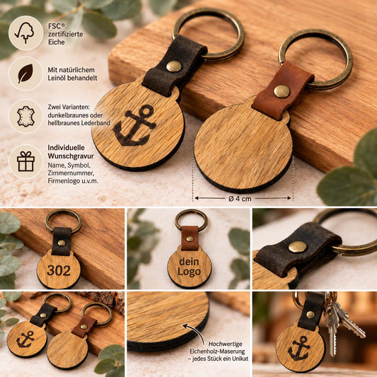 Schlüsselanhänger aus Holz • geölte Eiche • rund • mit Lederband und Schlüsselring • Wunschgravur
