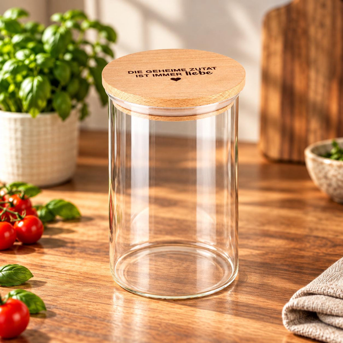 Vorratsglas mit Buchenholzdeckel – 3 Größen mit individueller Gravur