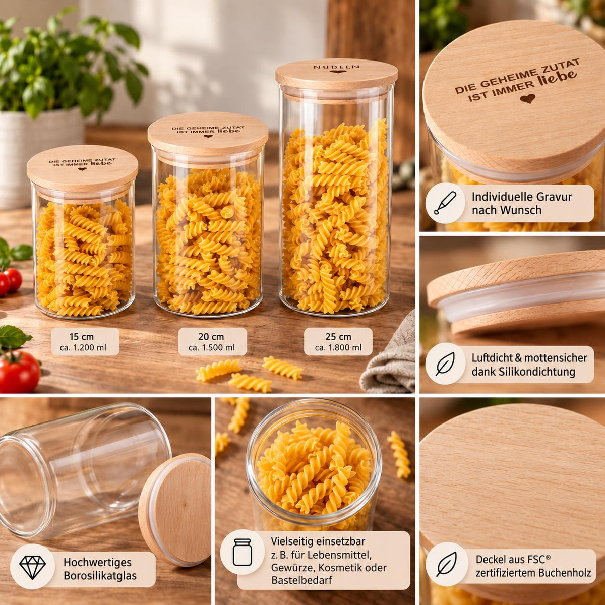 Vorratsglas mit Buchenholzdeckel – 3 Größen mit individueller Gravur