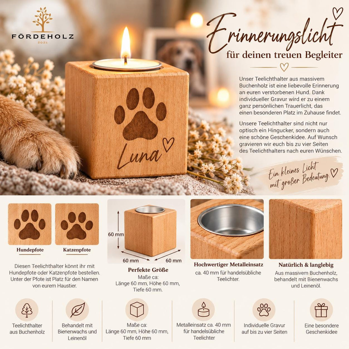 Trauerlicht Hund - Teelichthalter aus Buchenholz • mit Wunschgravur • Gedenkkerze • Trauerlicht Haustier Hund Katze • Windlicht • Teelicht