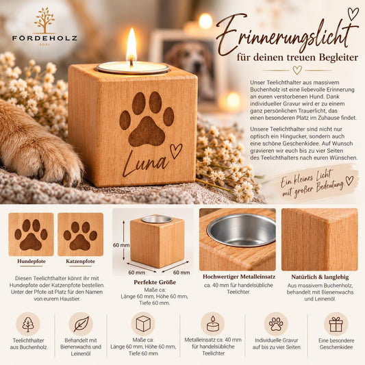 Trauerlicht Hund - Teelichthalter aus Buchenholz • mit Wunschgravur • Gedenkkerze • Trauerlicht Haustier Hund Katze • Windlicht • Teelicht