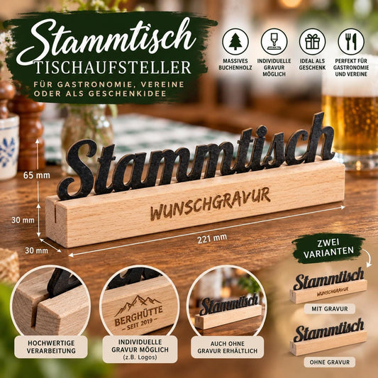 Holz Tischaufsteller • Stammtisch • mit Kreidetafel • Buche • individuelle Gravur möglich