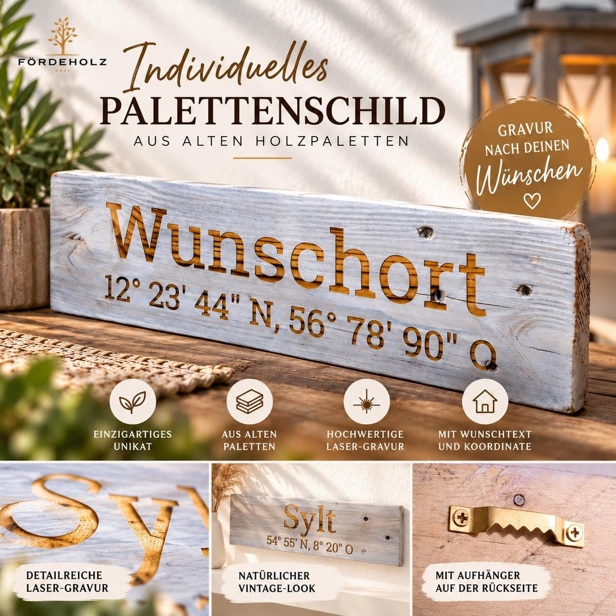 Palettenschild - Holzpalette, Holzschild mit Wunschgravur - Stadt- oder Ortsname mit Koordinaten - Holzschild - Koordinaten