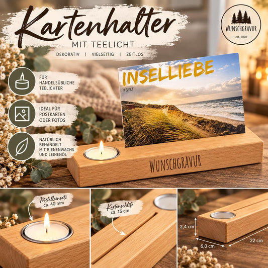 Kartenhalter Fotohalter aus Buchenholz mit Einfassung für ein Teelicht • individuelle Gravur • Teelichthalter