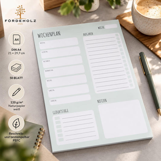 Wochenplaner DIN A4 Notizblock - 50 Blatt - To-Do Liste - Home Office Organisation Planer - Weekly Planner Deutsch