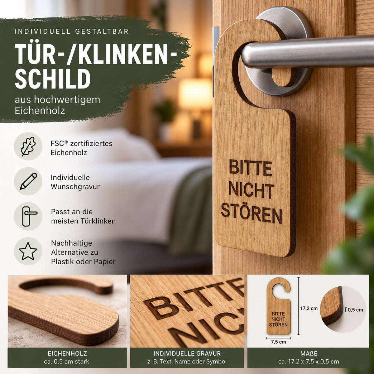 Türanhänger aus Holz • Klinkenschild • Türschild • bitte nicht stören • bitte Zimmer säubern - Wunschgravur • Eiche geölt oder natur