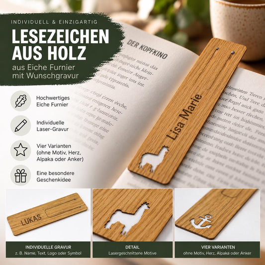Lesezeichen aus Holz • personalisierter • Eiche geölt • Holz • Alpaka, Anker, Herz