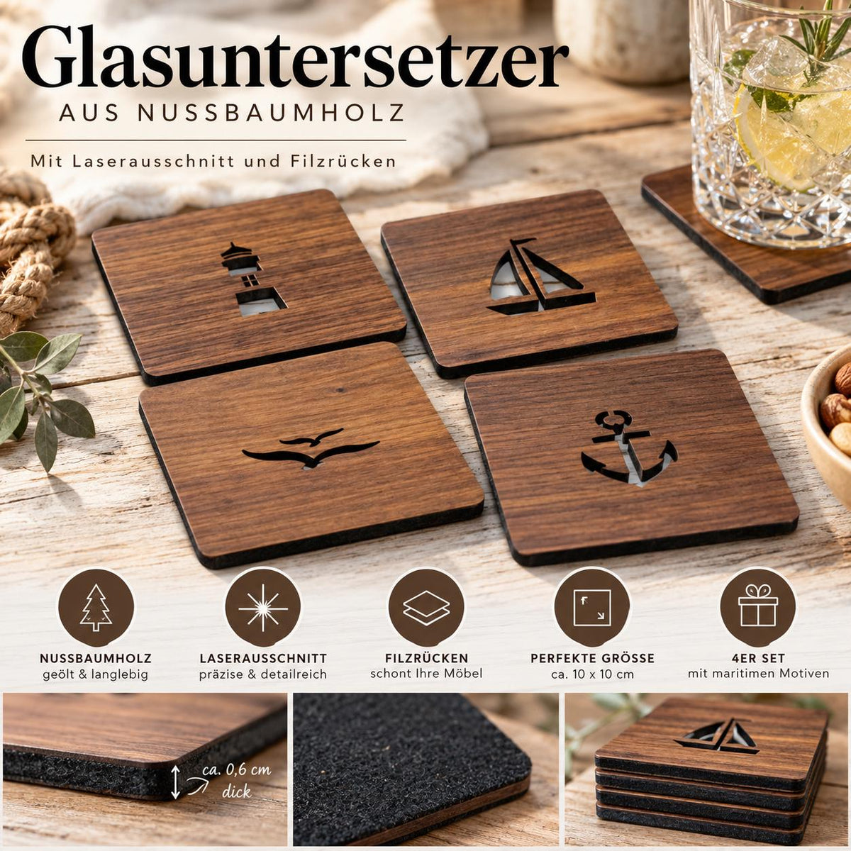 Nussbaumholz Untersetzer mit Filzrücken und Laser-Ausschnitt • Holzuntersetzer • 10x10cm