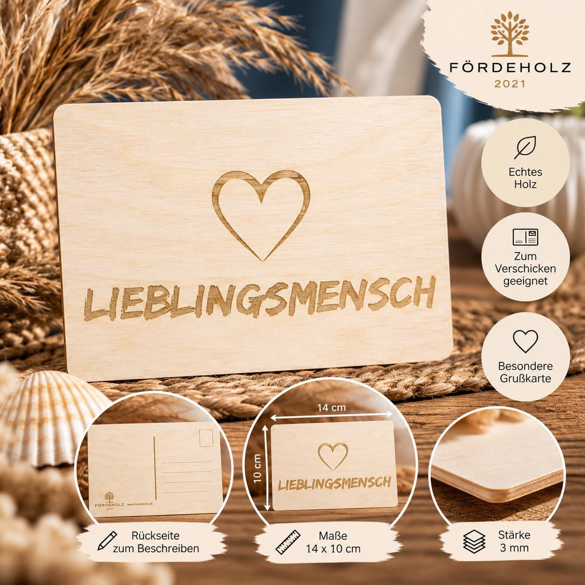 Holzpostkarte Valentinstag - Herz- Lieblingsmensch - Postkarte aus Holz - Holzkarte Valentinstag - Liebe