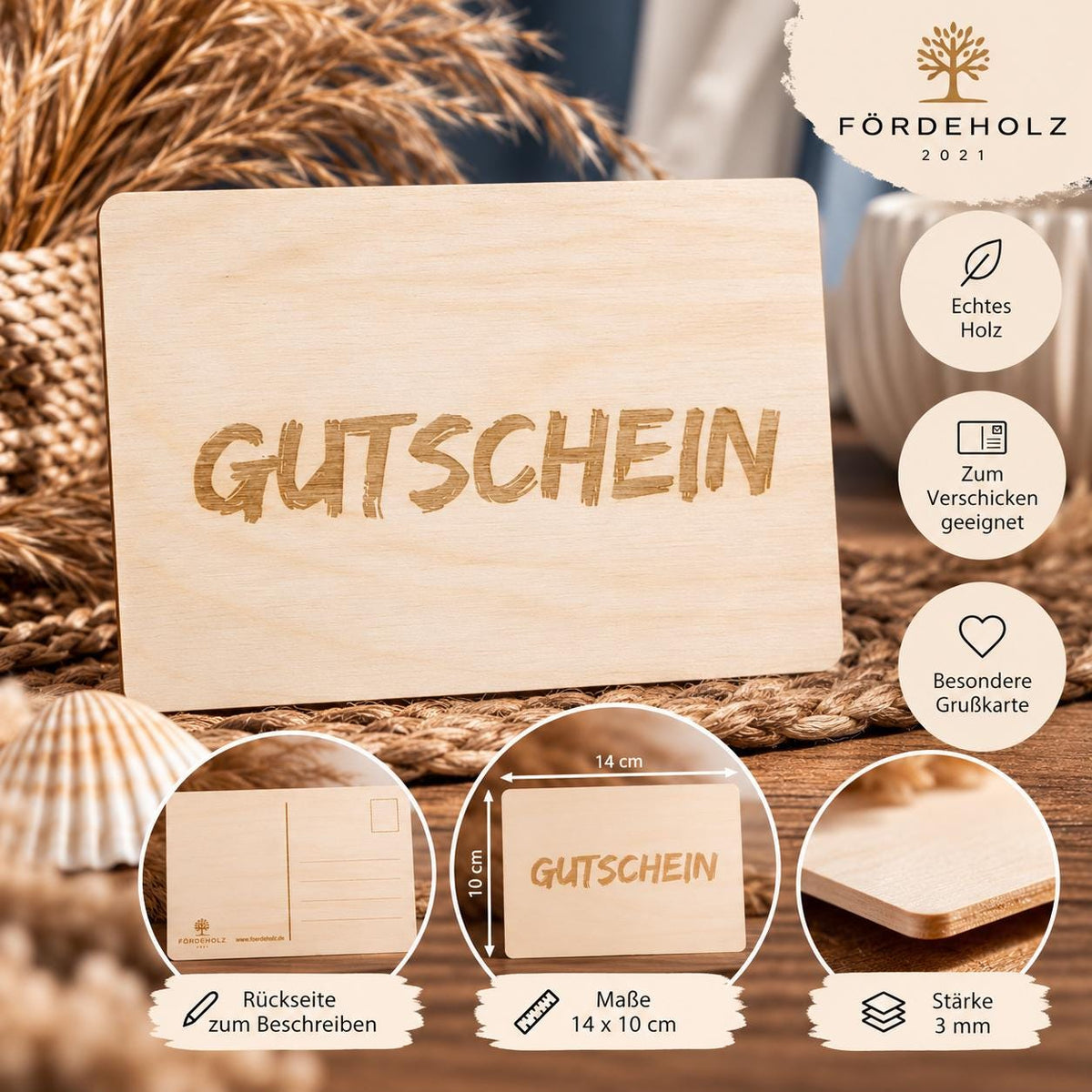 Gutschein aus Holz - Holzgutschein - Holzpostkarte - 14x10 cm - Geschenkgutschein - individuell - gravierbar - personalisierbar