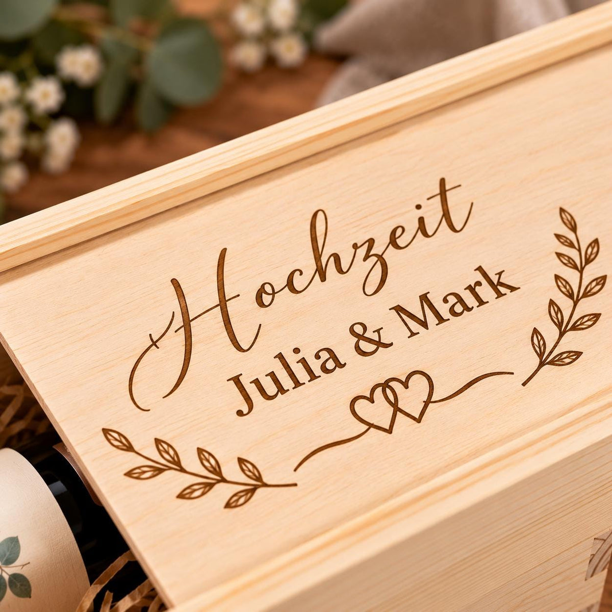 Holz Weinkiste mit Jute Kordel aus FSC Fichte für eine Flasche - 35 x 11 x 10 cm - mit Wunschgravur