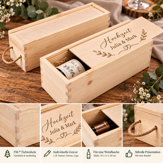 Holz Weinkiste mit Jute Kordel aus FSC Fichte für eine Flasche - 35 x 11 x 10 cm - mit Wunschgravur