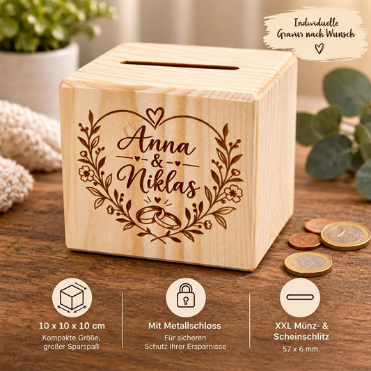 Personalisierte Spardose aus Holz – 10 × 10 × 10 cm mit Wunschgravur und Metallschloss