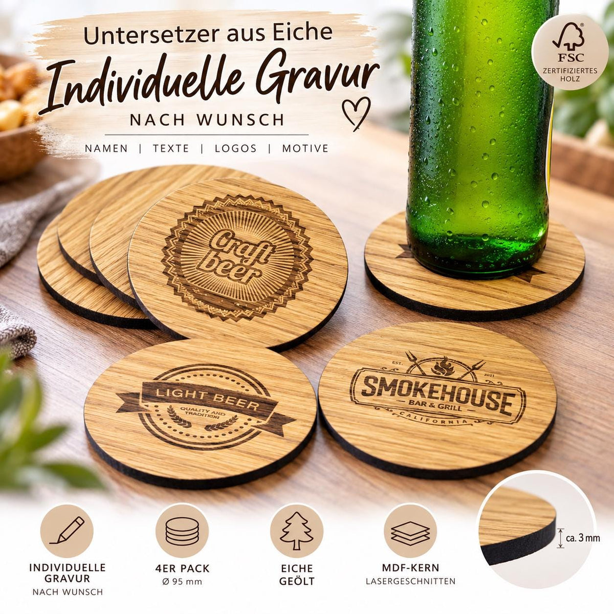 4er Set • Holz Untersetzer aus Eiche geölt 95mm • Glasuntersetzer • auf Wunsch mit individueller Gravur