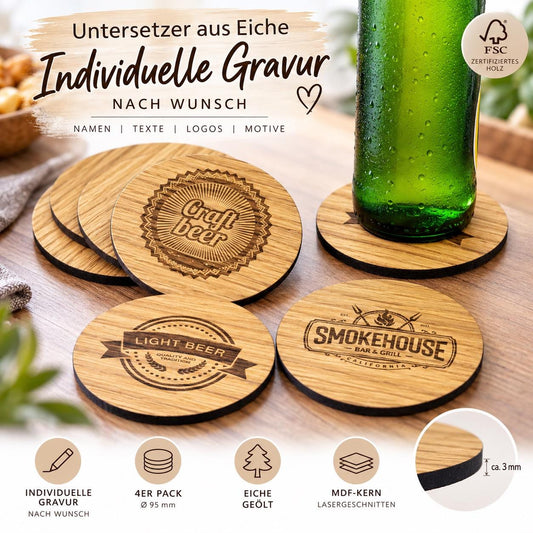 4er Set • Holz Untersetzer aus Eiche geölt 95mm • Glasuntersetzer • auf Wunsch mit individueller Gravur