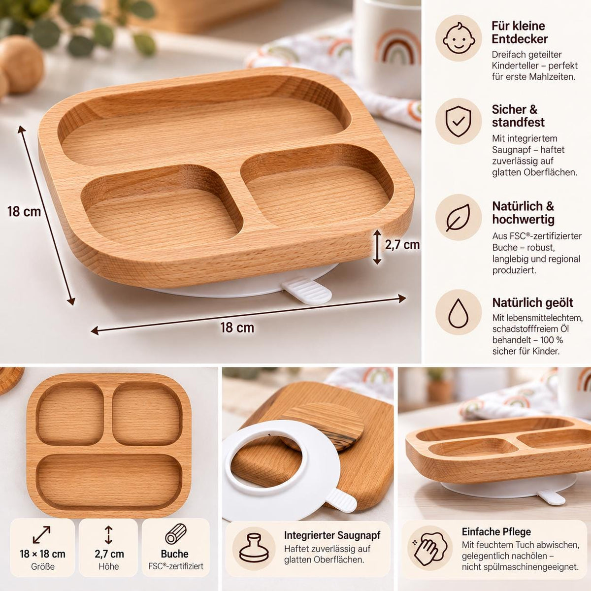 Kinderteller aus Buchenholz mit Saugnapf – 3-fach unterteilt, 18 × 18 cm