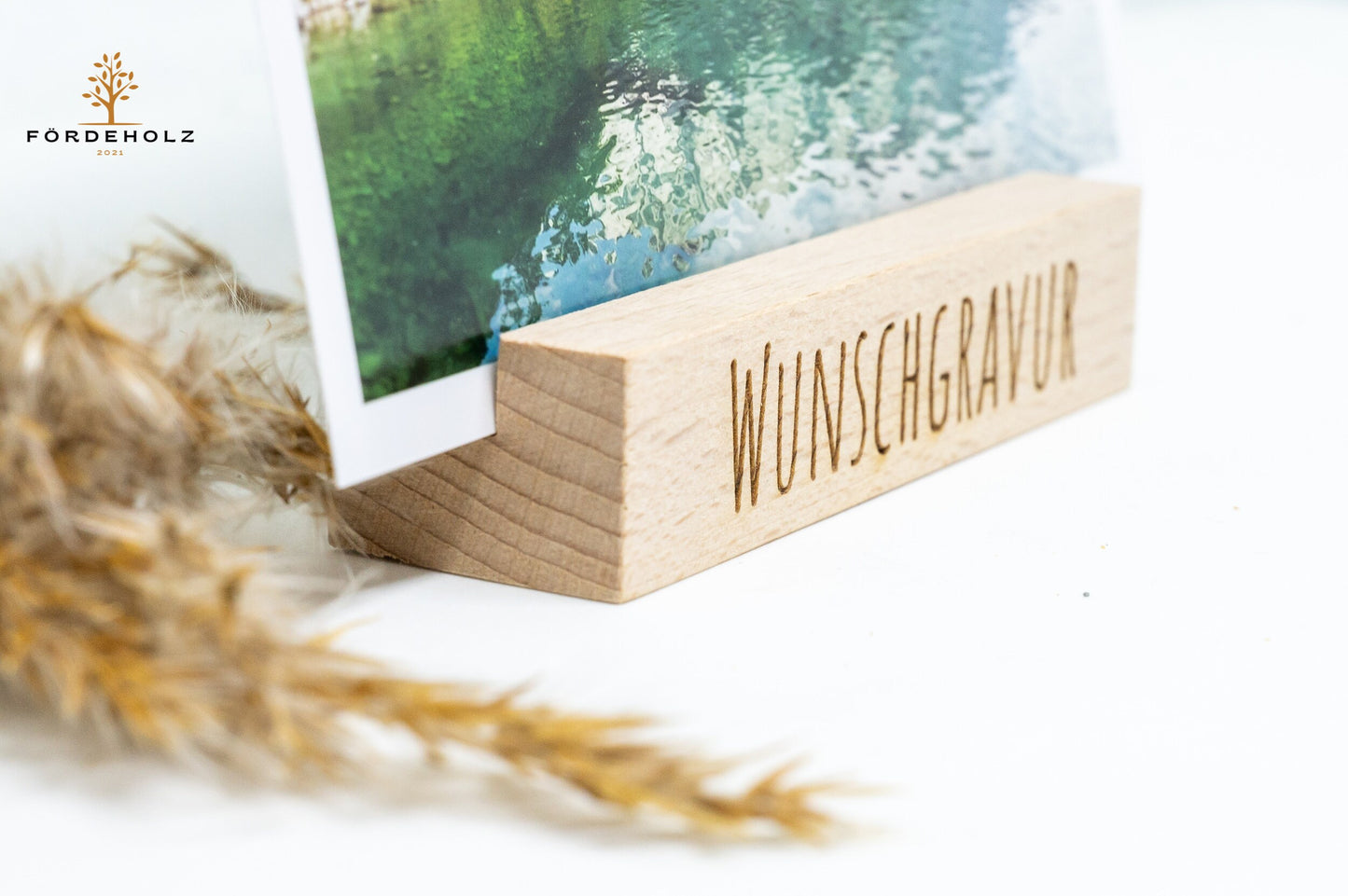 Foto- und Kartenhalter aus Holz mit Wunschgravur, Holzkartenhalter, Kartenaufsteller, Buchenholz, Geschenk Valentinstag