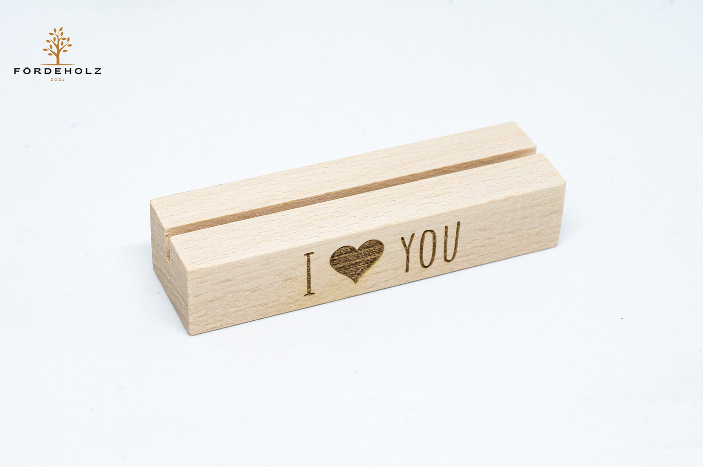 Foto- und Kartenhalter aus Holz, Holzkartenhalter, Kartenaufsteller, Buchenholz "I love you" - Geschenk Valentinstag, Hochzeit, Verlobung