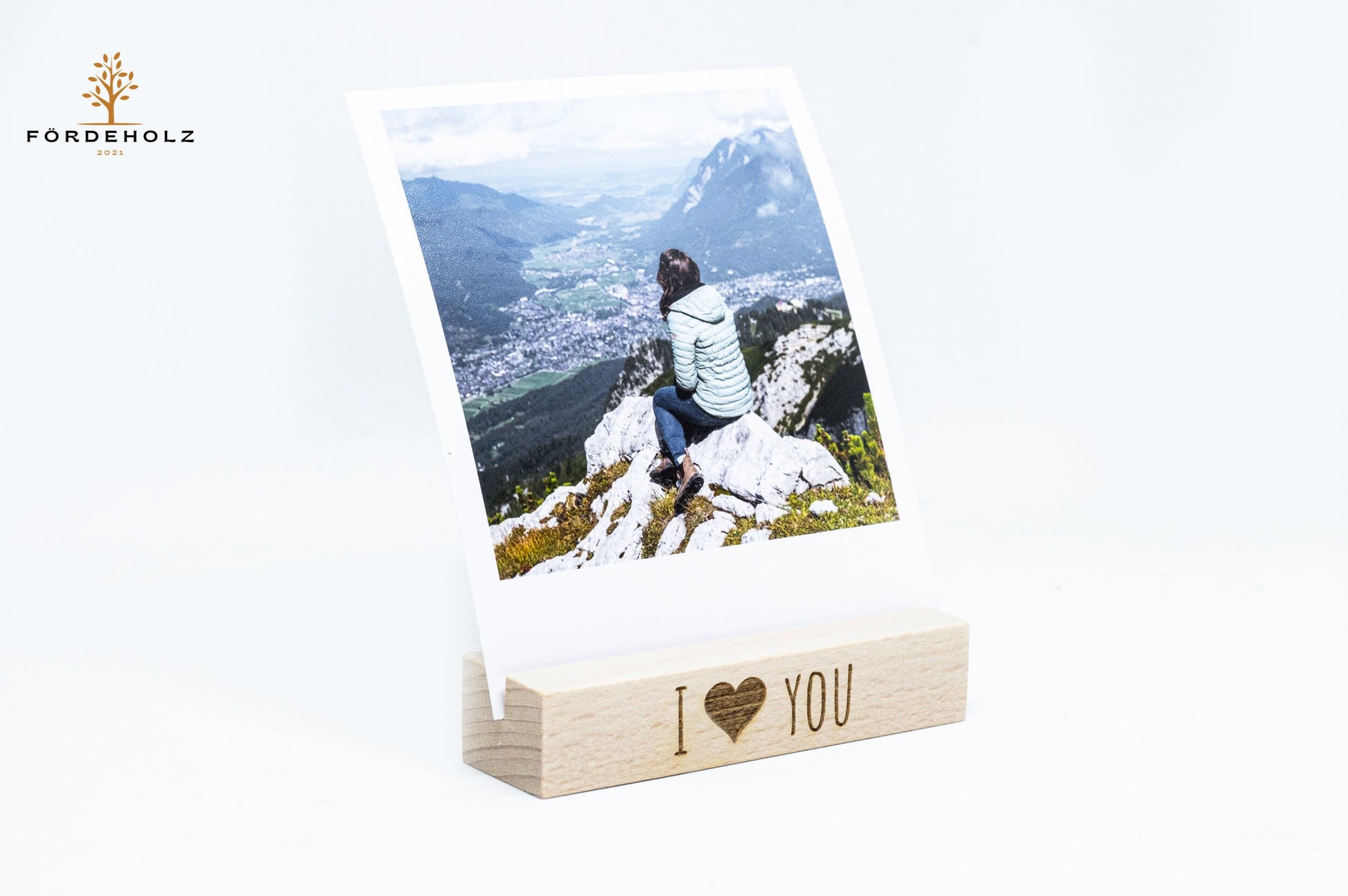 Foto- und Kartenhalter aus Holz, Holzkartenhalter, Kartenaufsteller, Buchenholz "I love you" - Geschenk Valentinstag, Hochzeit, Verlobung