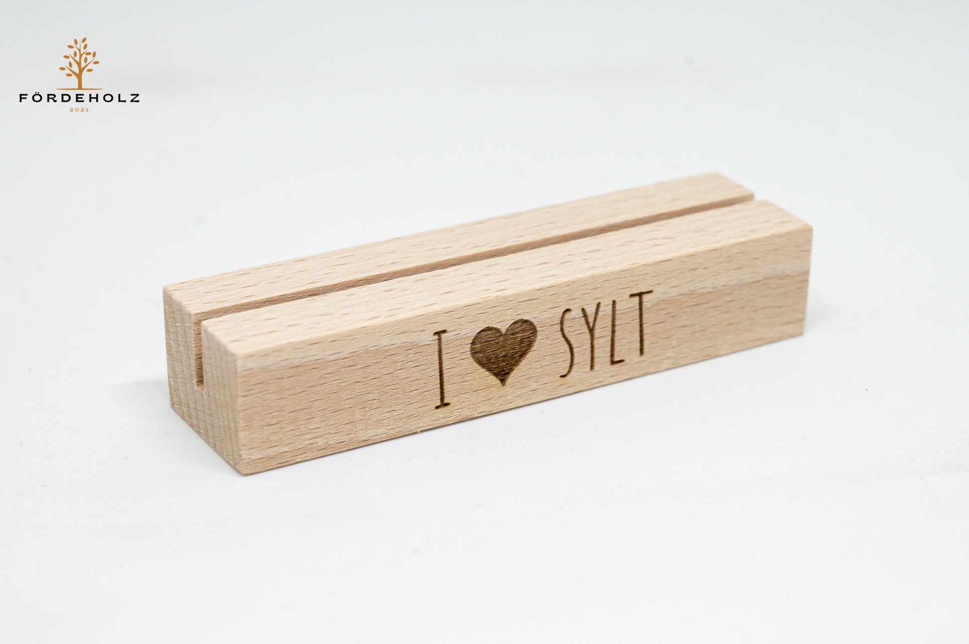 Foto- und Kartenhalter aus Holz, Holzkartenhalter, Kartenaufsteller, Buchenholz "I love Sylt"
