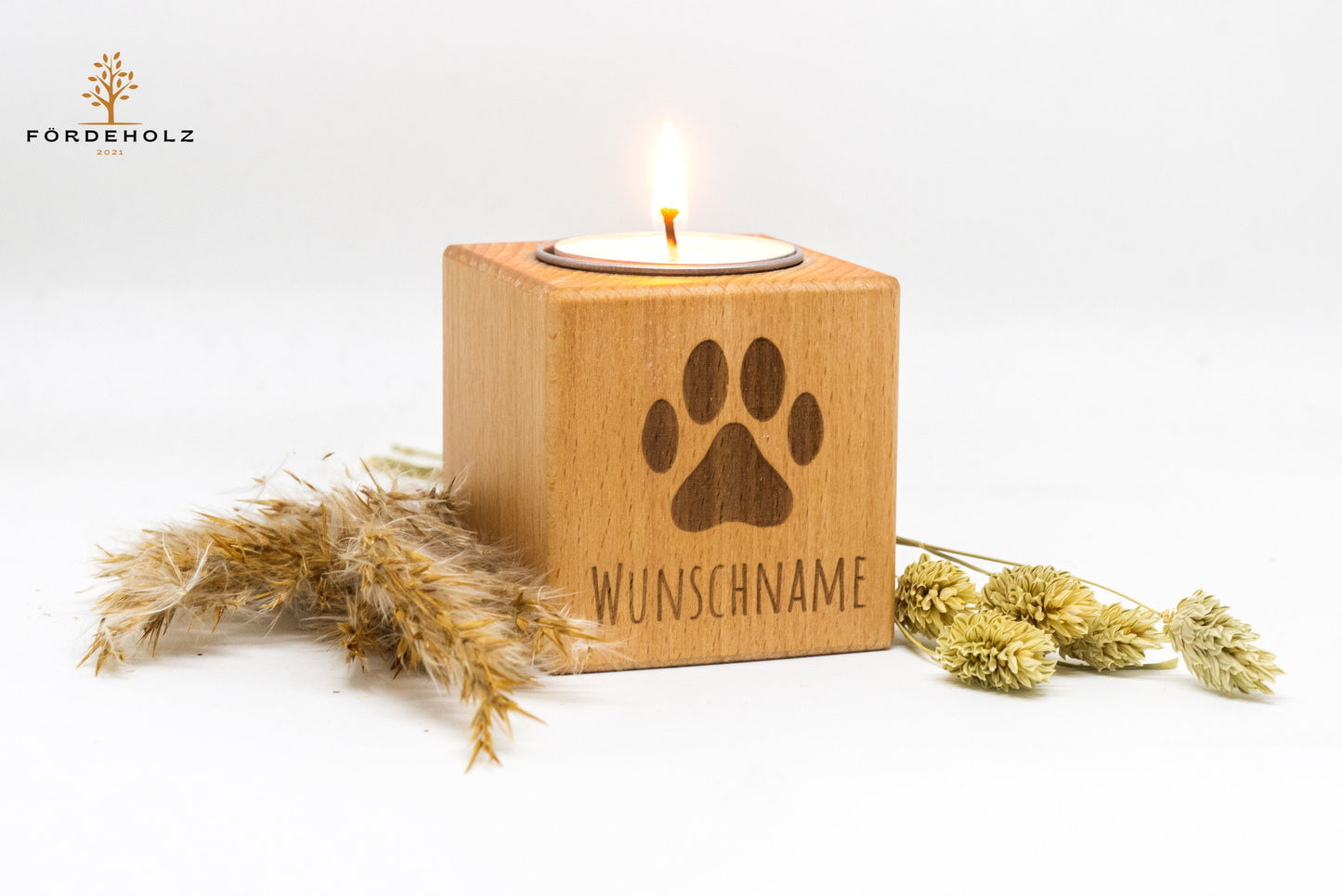 Trauerlicht Hund - Teelichthalter aus Buchenholz • mit Wunschgravur • Gedenkkerze • Trauerlicht Haustier Hund Katze • Windlicht • Teelicht