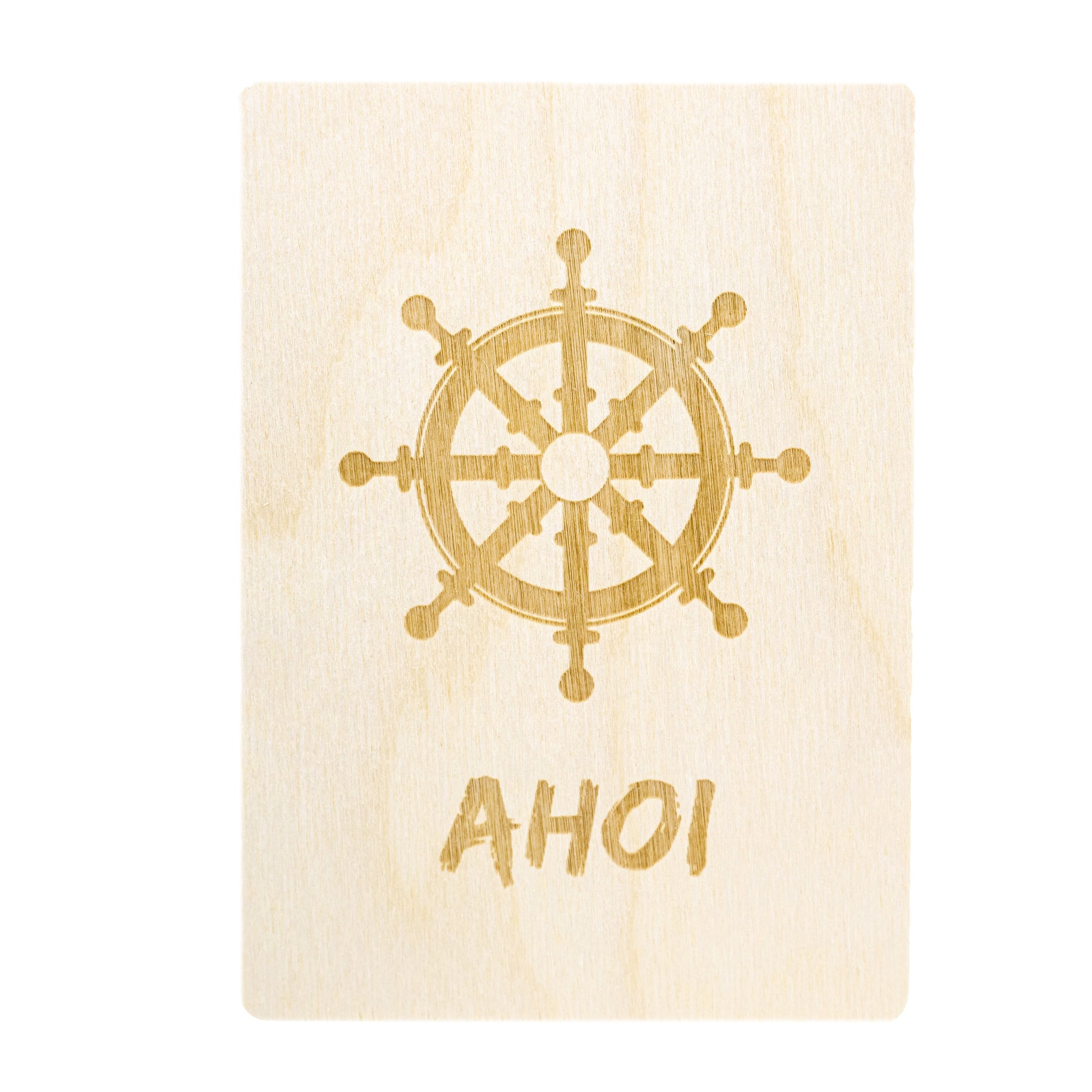 Maritime Holzpostkarte - Postkarte aus Holz - Steuerrad - Ahoi - maritim - Holzkarte