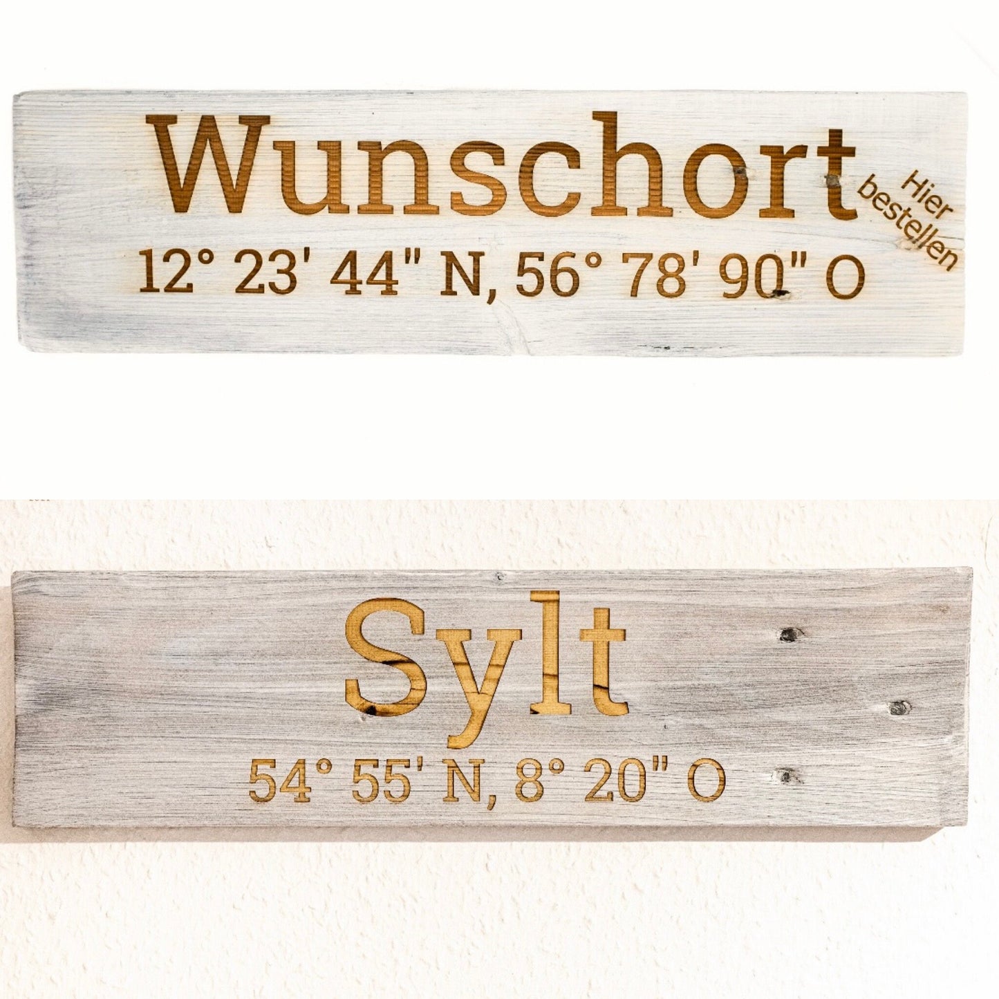 Palettenschild - Holzpalette, Holzschild mit Wunschgravur - Stadt- oder Ortsname mit Koordinaten - Holzschild - Koordinaten