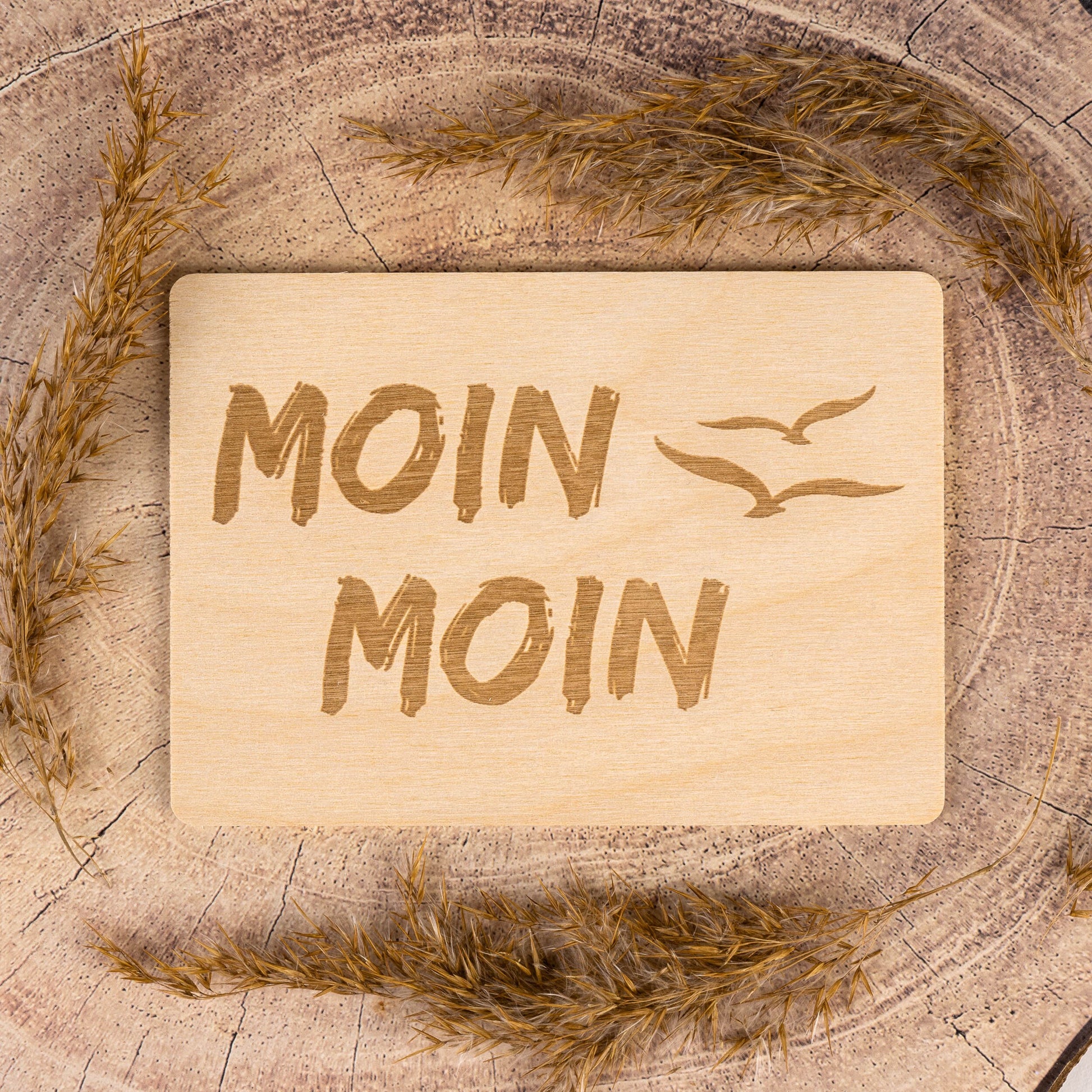 Holzpostkarte Moin Moin - Postkarte aus Holz - Möwen - Holzkarte - maritimes Design