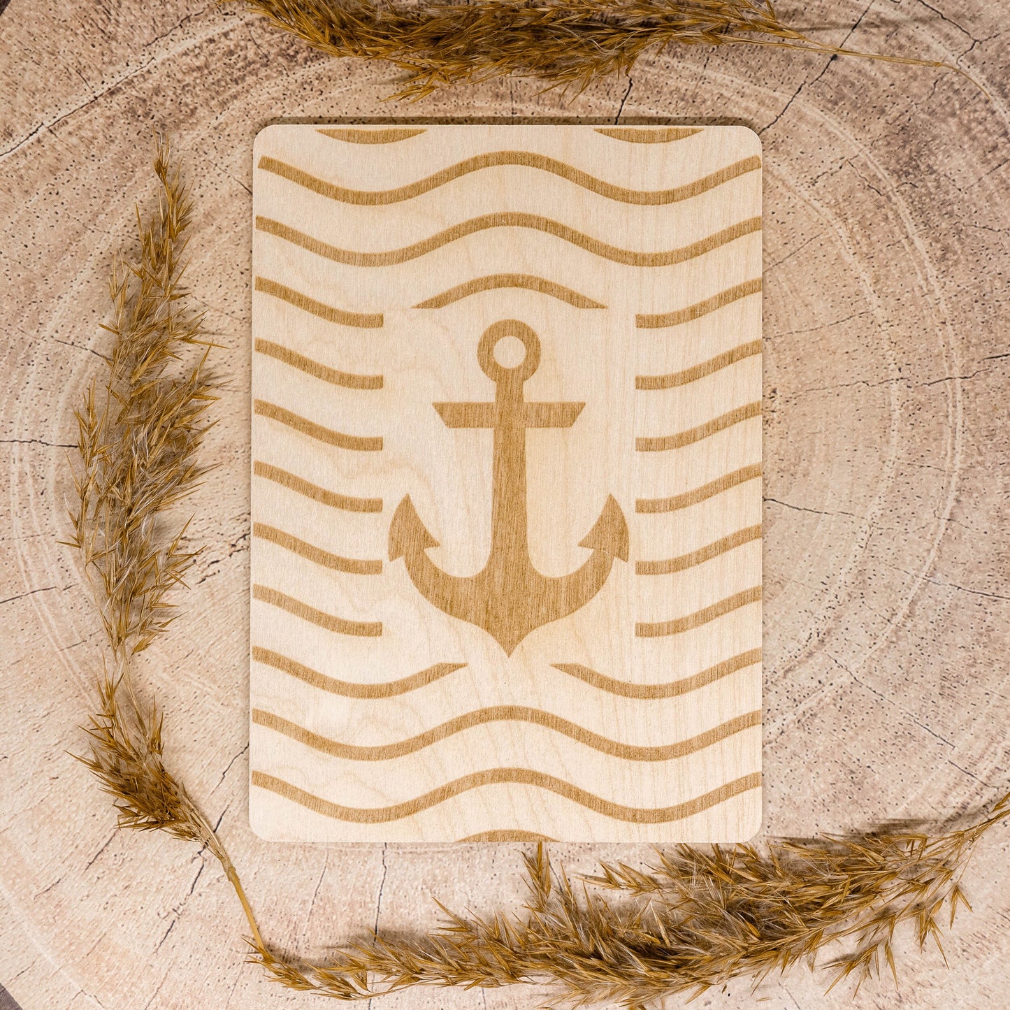 Holzpostkarte • Anker • Wellen • maritim • Holzkarte • Postkarte mit maritimem Motiv • Lasergravur • 14x10 cm