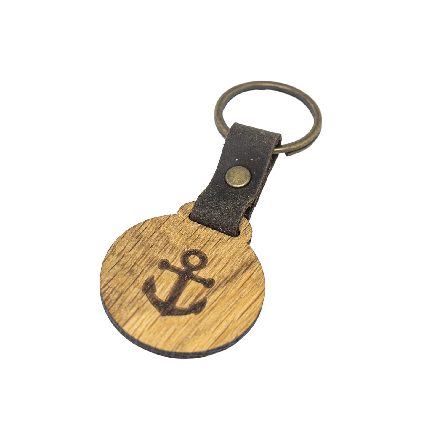 Schlüsselanhänger aus Holz • geölte Eiche • rund • mit Lederband und Schlüsselring • Wunschgravur
